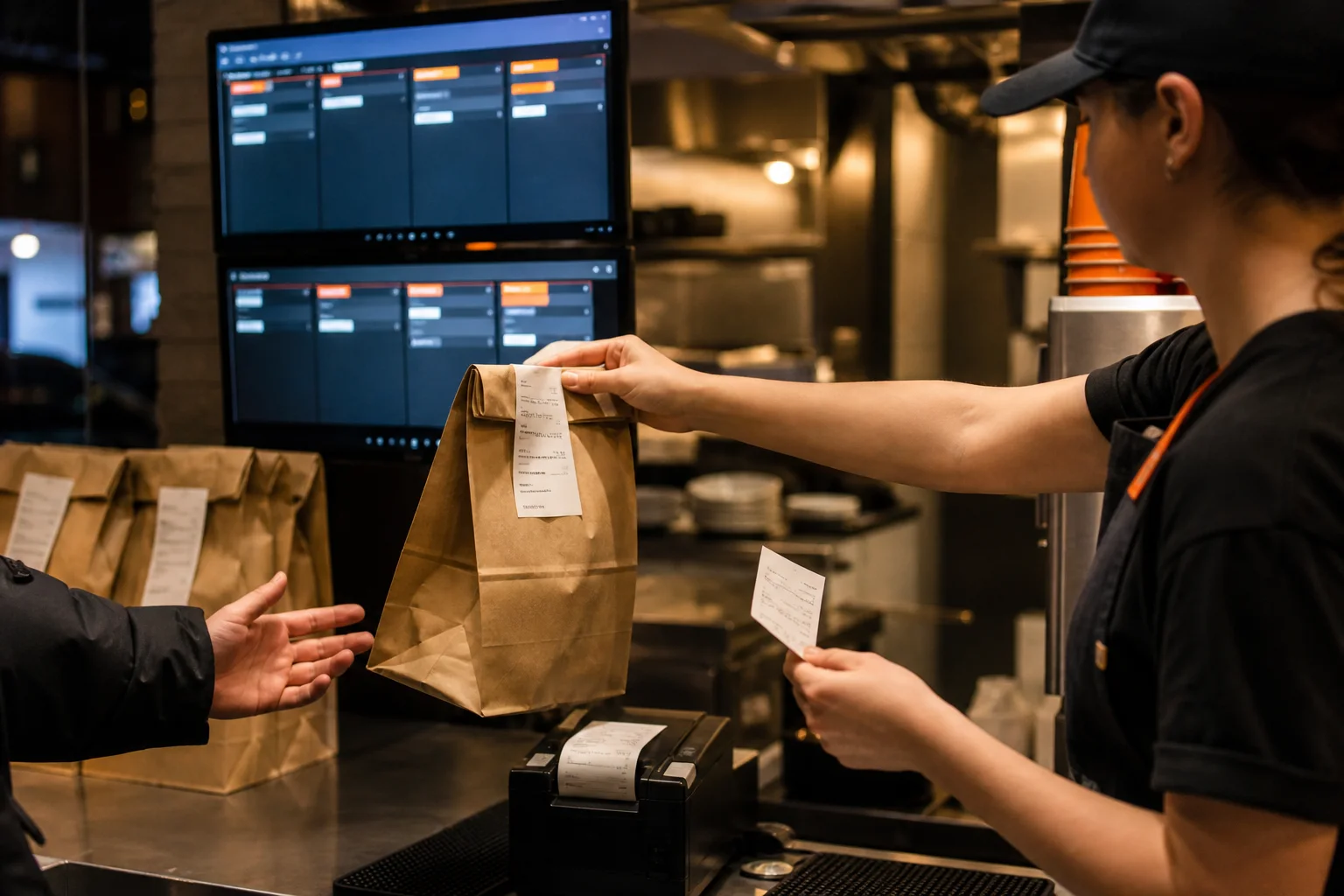 Un ticket de commande est remis devant un écran de cuisine
