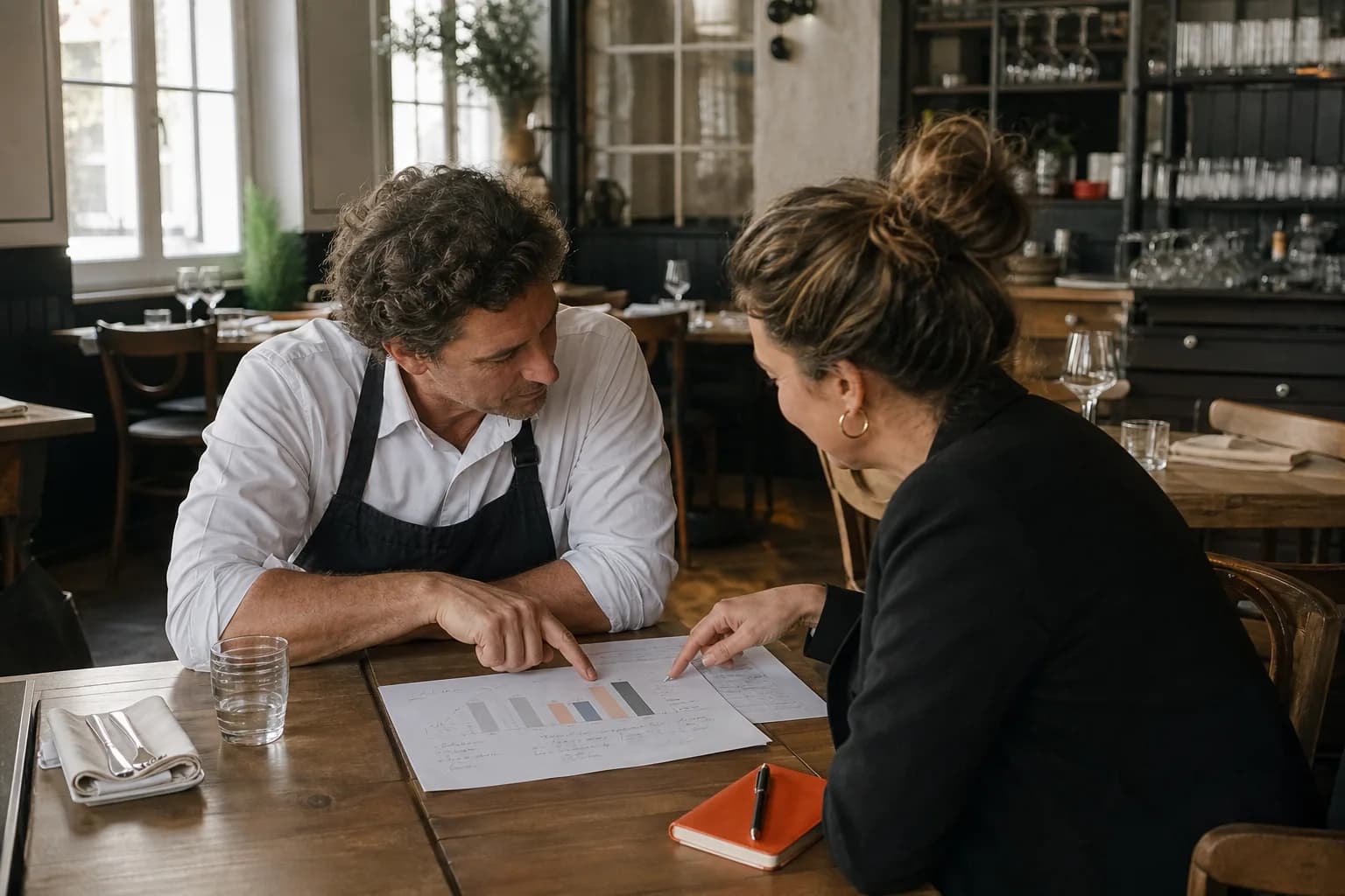 Un restaurateur et une conseillère regardent un bilan simple