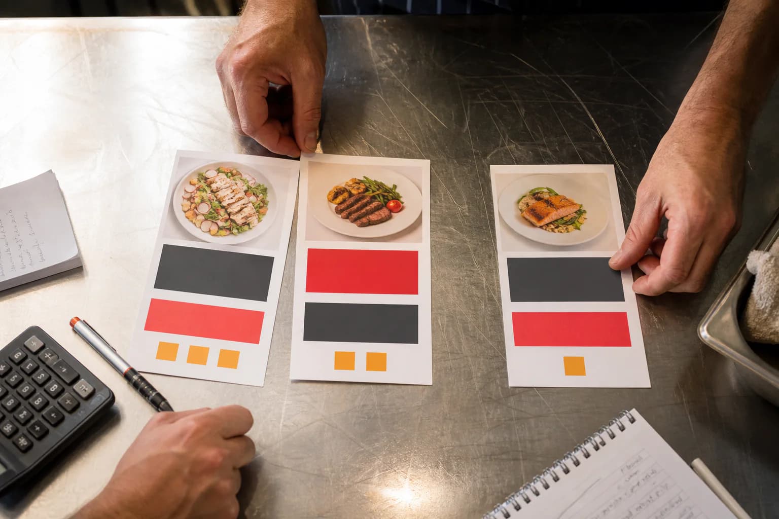 Trois offres de restaurant sont comparées sur une table de travail