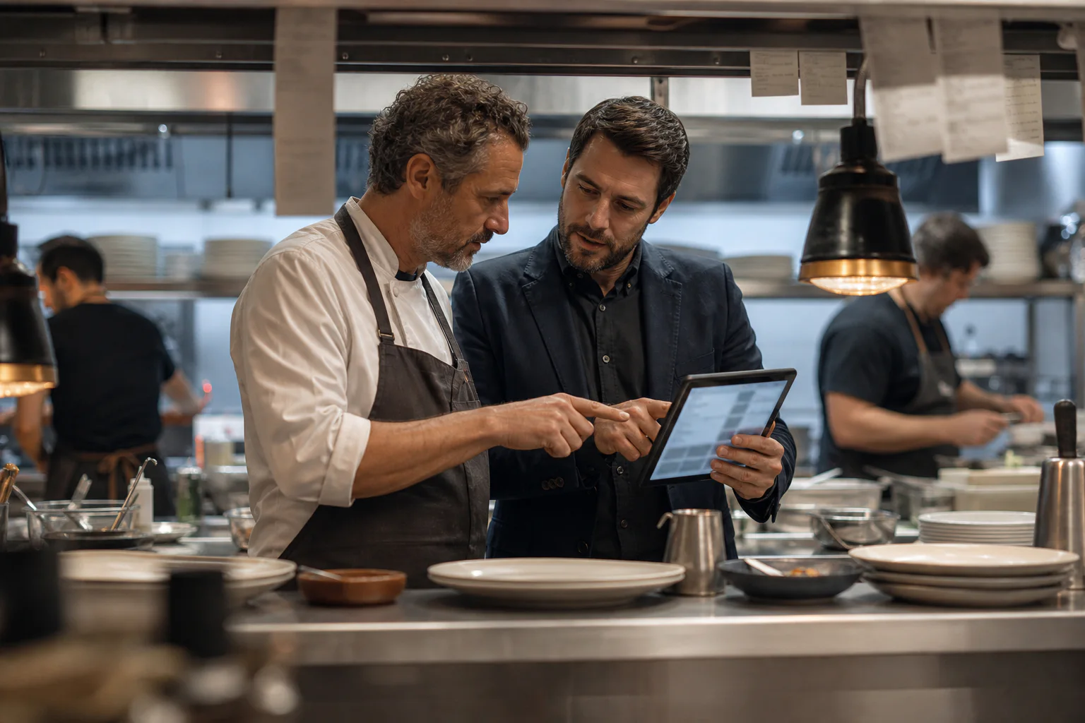 Un restaurateur et un expert prennent une décision près du passe