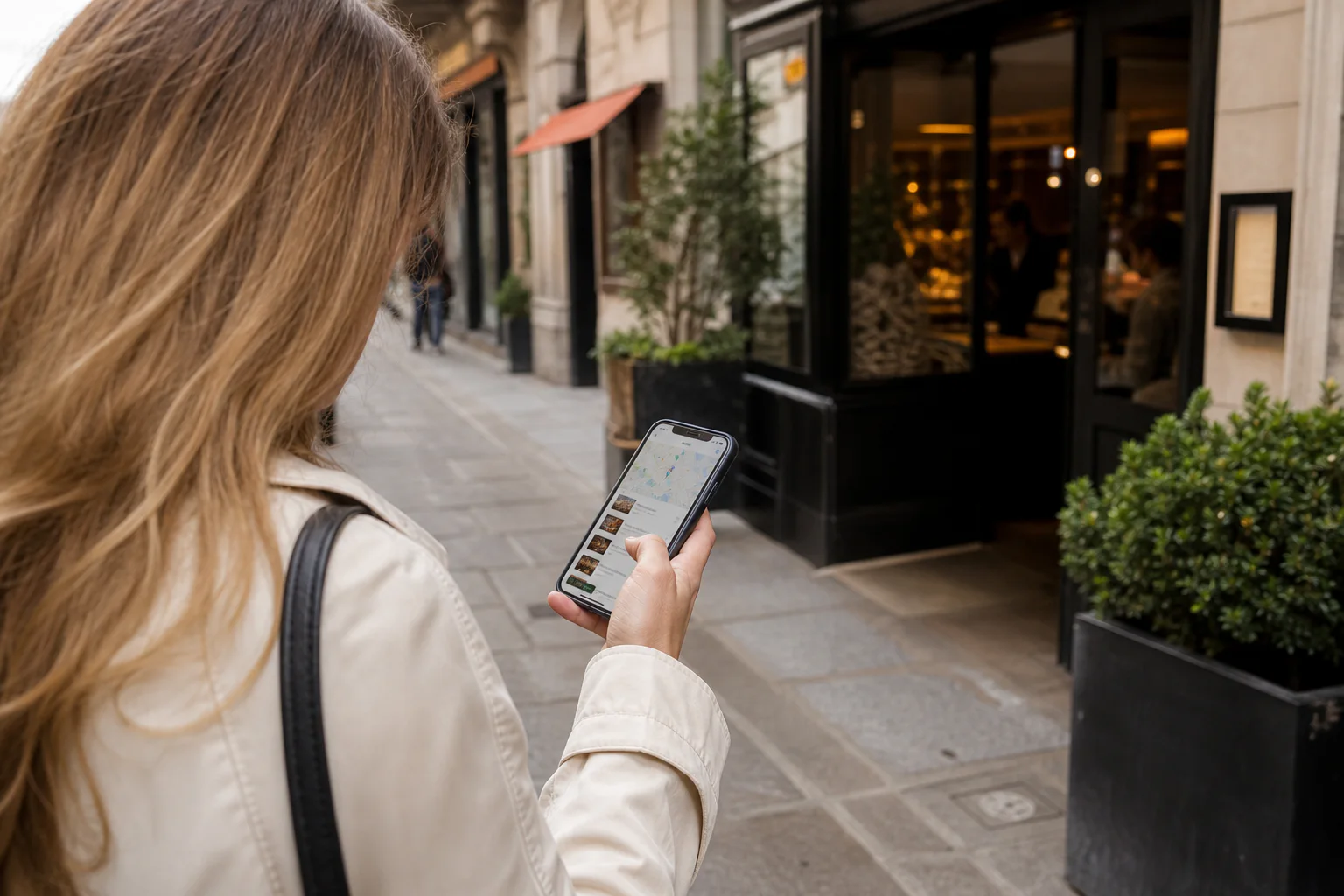 Une cliente cherche un restaurant sur son téléphone devant une adresse anonyme