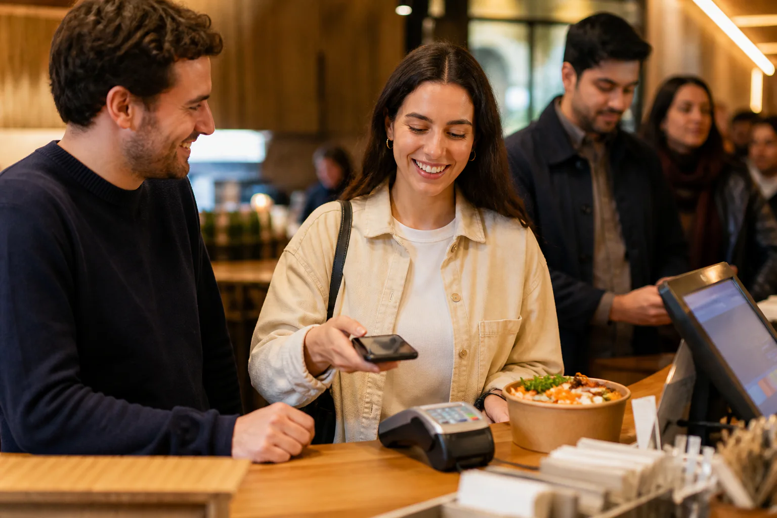 Une cliente utilise son téléphone au comptoir d'un restaurant
