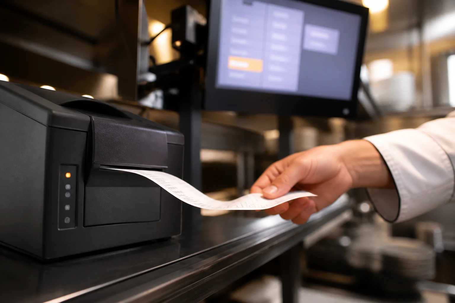 Un ticket sort de l'imprimante près de l'écran de cuisine