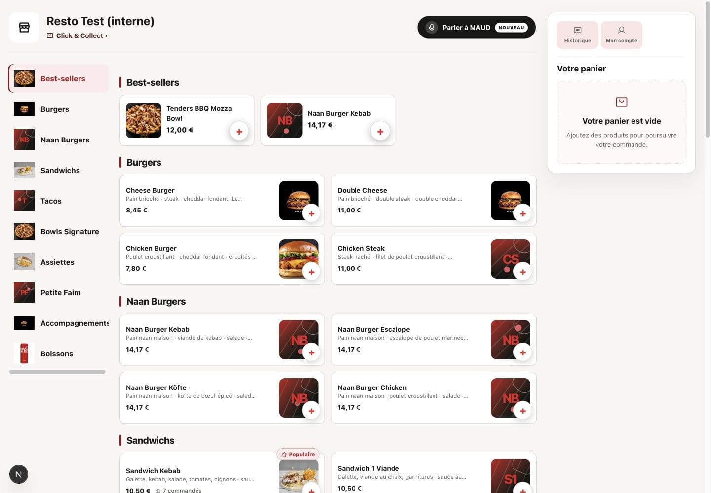 App de commande BestResto sur ordinateur avec menu, panier et accès à MAUD