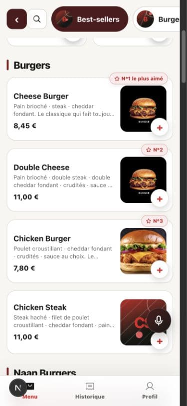 Liste de produits BestResto sur mobile avec photos, prix et boutons d'ajout